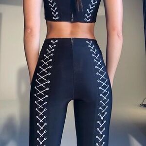 ADAM SELMAN Designer Brand New Black Mesh Lace-Up High Rise Leggings XXS